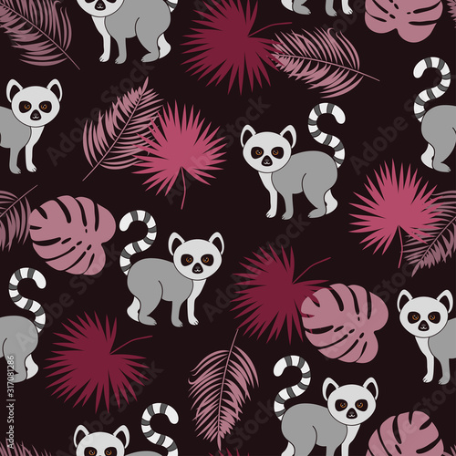 Photography Seamless pattern with cute lemurs and palm leaves