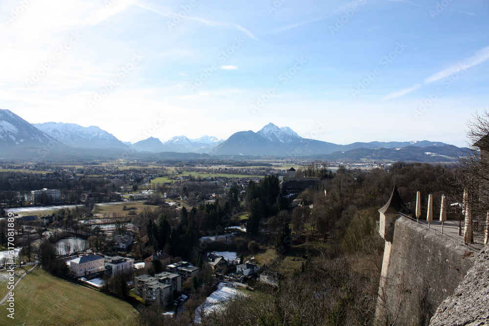 Salzburg / Austria - March 11, 2018. View of the winter city from the High Hohensalzburg Fortress. From one of the largest medieval castles in Europe.