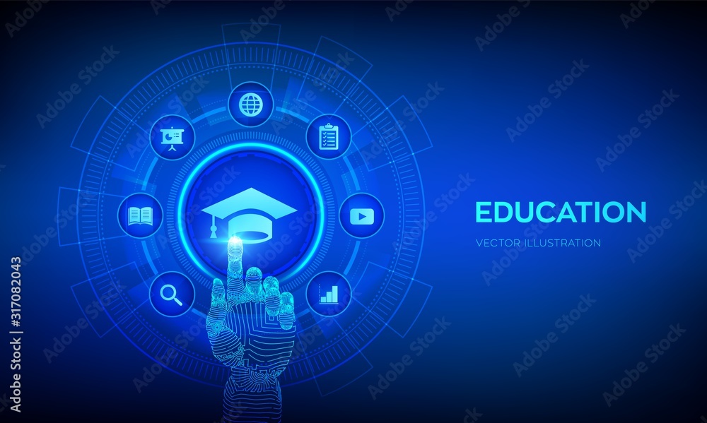 Education. Innovative online e-learning and internet technology concept. Webinar, knowledge, online training courses. Skill development. Robotic hand touching digital interface. Vector illustration.