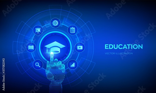 Education. Innovative online e-learning and internet technology concept. Webinar, knowledge, online training courses. Skill development. Robotic hand touching digital interface. Vector illustration.