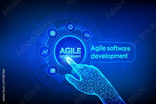 Agile software development methodology concept on virtual screen. Digital technology, big data concept. Flexible developing process. Robotic hand touching digital interface. Vector illustration.