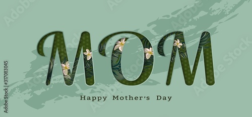 Happy Mothers day greeting card with typographic design and floral elements. Vector illustration. Paper cut style with blooming flowers, leaves and abstract shapes on background. Happy mother`s day.