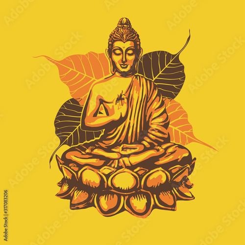 Buddha sits in the Lotus and blesses against the backdrop of the leaves of the sacred Buddhist Bodhidharma tree. Vector retro poster in vintage style
