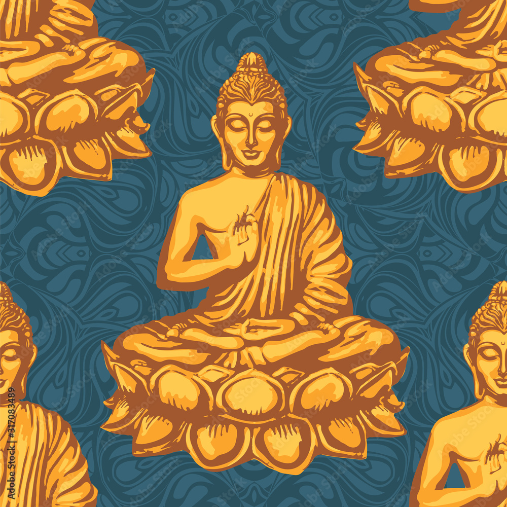 Buddha sits in the Lotus and blesses against the backdrop of the leaves of the sacred Bodhi tree. Retro vector seamless pattern in vintage style Buddha sits in the Lotus and blesses against the backdrop of the leaves of the sacred Bodhi tree. Retro vector seamless pattern in vintage style