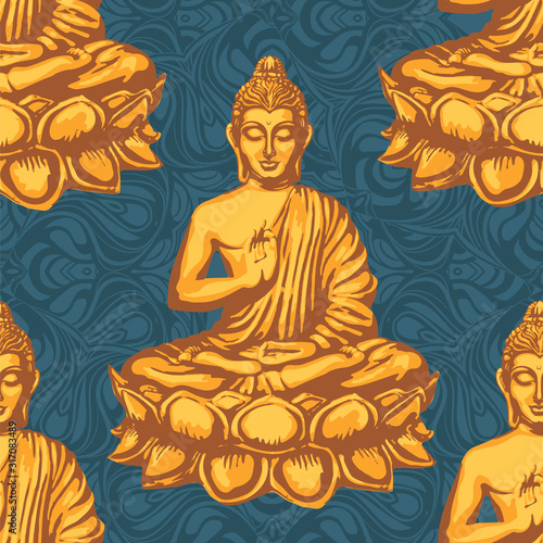 Buddha sits in the Lotus and blesses against the backdrop of the leaves of the sacred Bodhi tree. Retro vector seamless pattern in vintage style