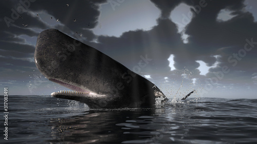 Canvas Print Cachalot sperm whale is over the sea surface under dramatic overcast weather 3d