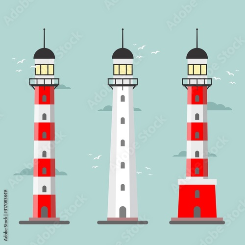Vector set of cartoon flat lighthouses. Searchlight towers for maritime navigational guidance
