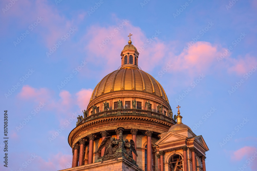 St. Isaac's Cathedral look up to the dome and the evening sky at sunset.