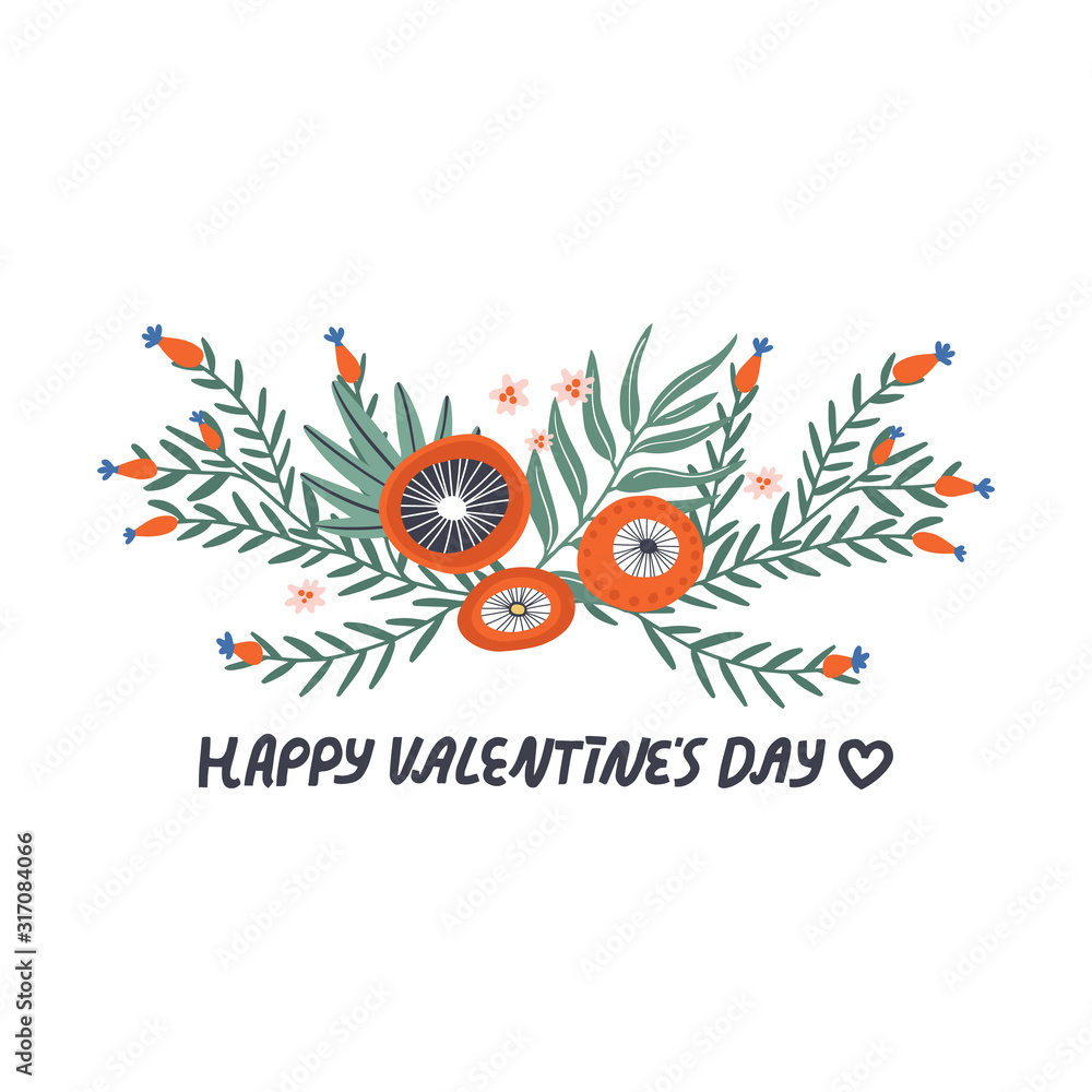 Obraz premium Happy Valentine's Day flower composition. Romantic hand drawn vector with floral elements is great for invitations, greeting cards, print, flyers.