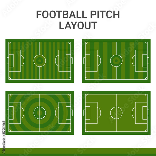 Illustration of a soccer field with a variety of grass patterns. A football game field with a penalty box, center line, and corner kick spot. Green football pitch graphic resources.