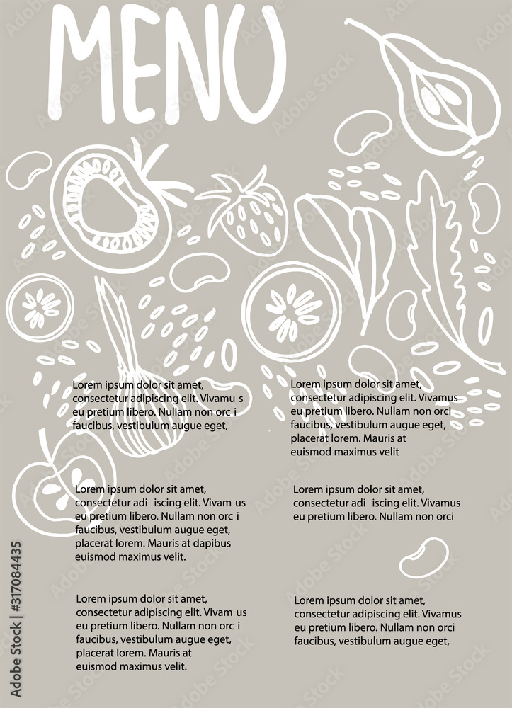 Vegan Menu design template with place for your text. Hand drawn decoration with fruit, vegetables, beans, greens on warm gray background Vegan Menu design template with place for your text. Hand drawn decoration with fruit, vegetables, beans, greens on warm gray background