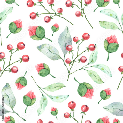 Seamless pattern with watercolor berries  leaves  buds and twigs is perfect for printing  textile  fabrics  wrapping and scrapbook paper  wallpaper and any design.