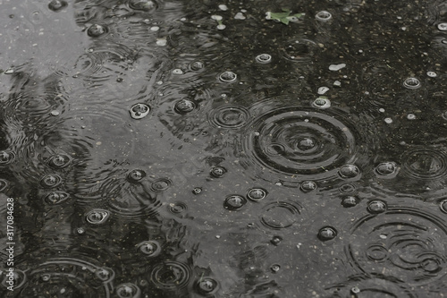 Photo background puddle rain / circles and drops in a puddle, texture with bubbles in