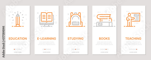 Education realted vertical cards. Mobile app onboarding screens Templates for a website. Icons with editable stroke