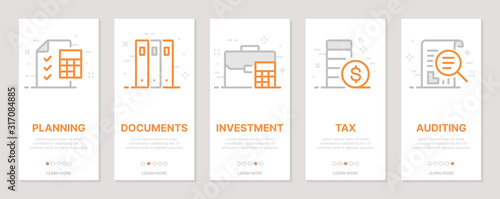 Accounting, planning, auditing, investments vertical cards. Templates for a website. Icons with editable stroke