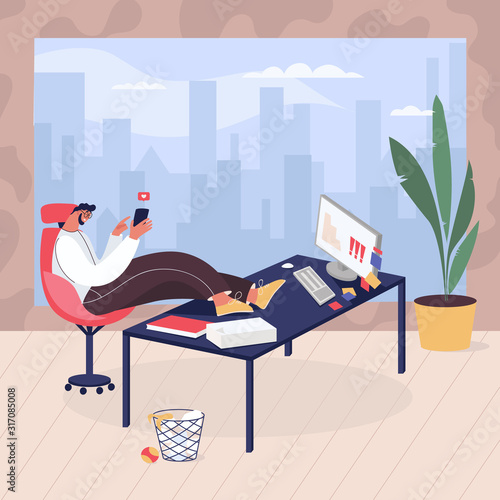 Man procrastinating on the workplace in office. Worker surfing the Internet and wasting time concept. Vector illustration with businessman resting and seating at his desk during working hours.