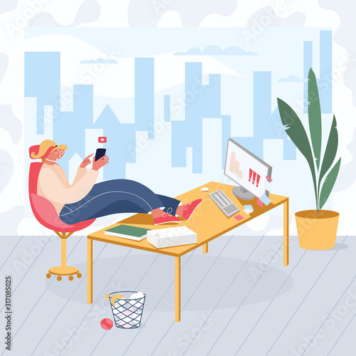 Woman procrastinating on the workplace in the office. Worker surfing the Internet and wasting time concept. Vector illustration with businesswoman resting and seating at his desk during working hours