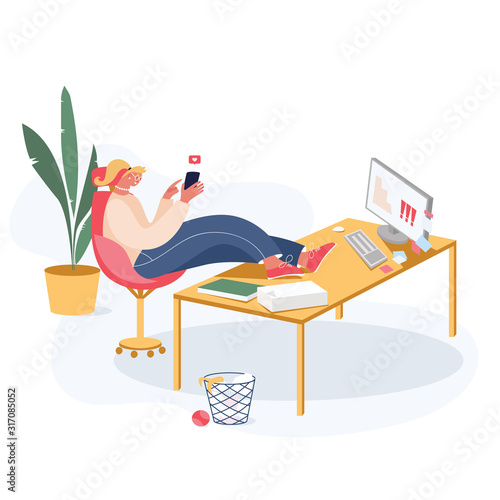 Woman procrastinating on the workplace. Worker surfing the Internet and wasting time concept. Vector isolated illustration with businesswoman resting and seating at his desk during working hours.
