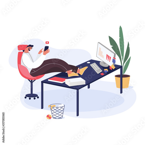Man procrastinating on the workplace. Worker surfing the Internet and wasting time concept. Vector illustration with businessman resting and seating at his desk during working hours.