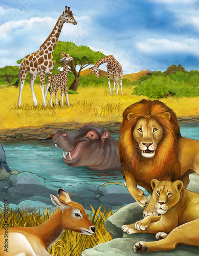 cartoon scene with antelope and hippopotamus hippo near river and lion