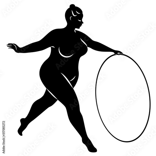 Gymnastics Silhouette of a girl with a hoop. The woman is overweight, a large body. The girl is a full figure. Vector illustration