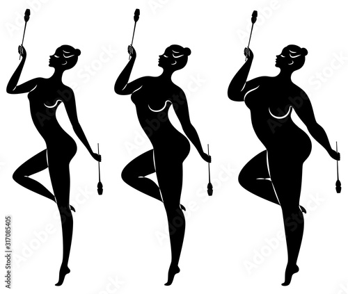 Collection. Silhouette of a cute lady, she does rhythmic gymnastics with clubs. The woman is overweight. Slender girl athlete. Vector illustration set