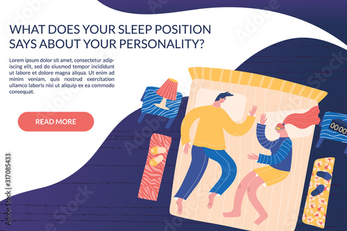 ute vector characters sleeping together at night. Man and woman lying in bed. Stages of sleep, insomnia, sleeping position concept banner with place for your text. Flat top view illustration.