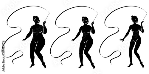 Collection. Silhouette of a cute lady, she is engaged in rhythmic gymnastics with a ribbon. The woman is overweight and slender girl athlete. Vector illustration set