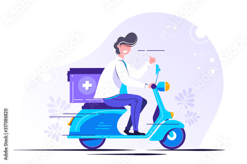 male doctor in uniform riding scooter 