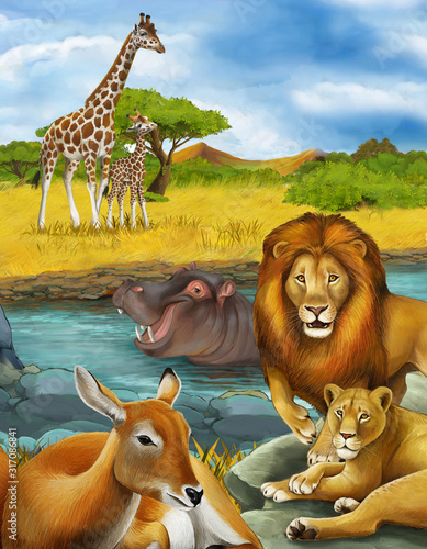 Fototapeta Naklejka Na Ścianę i Meble -  cartoon scene with antelope and hippopotamus hippo near river and lion