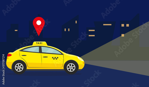 Fototapeta Naklejka Na Ścianę i Meble -  Yellow car in night city. Vector illustration.