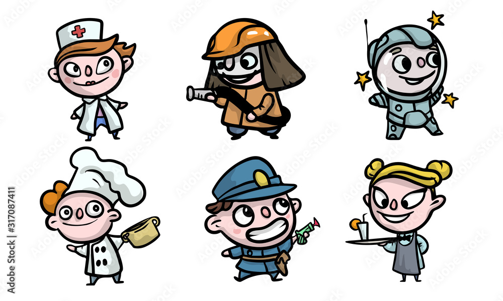 Boys and girls in costumes playing different jobs vector illustration Boys and girls in costumes playing different jobs vector illustration