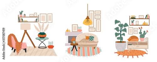 Set of warm and cozy interiors of living rooms vector illustration. Unique variants for lounge design flat style. Calm and pastel shades for sitting room design. Isolated on white