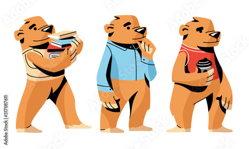 Cute modern brown bears in everyday human life vector illustration