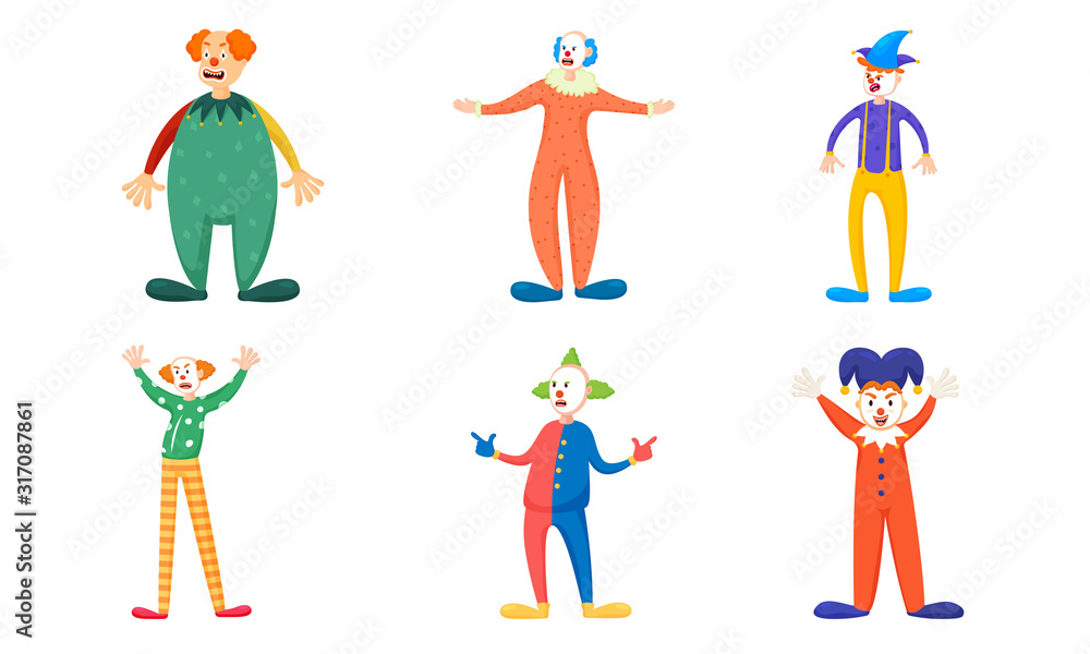 Clowns in colorful costumes during show vector illustration