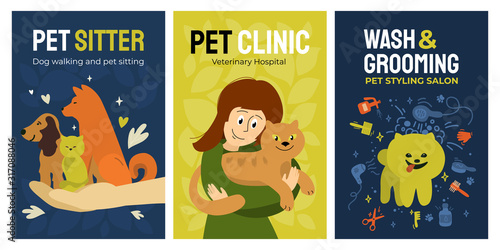 Set of posters for vet clinic, dog walking and pet sitting service, wash and grooming salon, veterinary hospital. Vector illustrations with dogs, cute girl hugging cat. Design for banner, flyer, cover