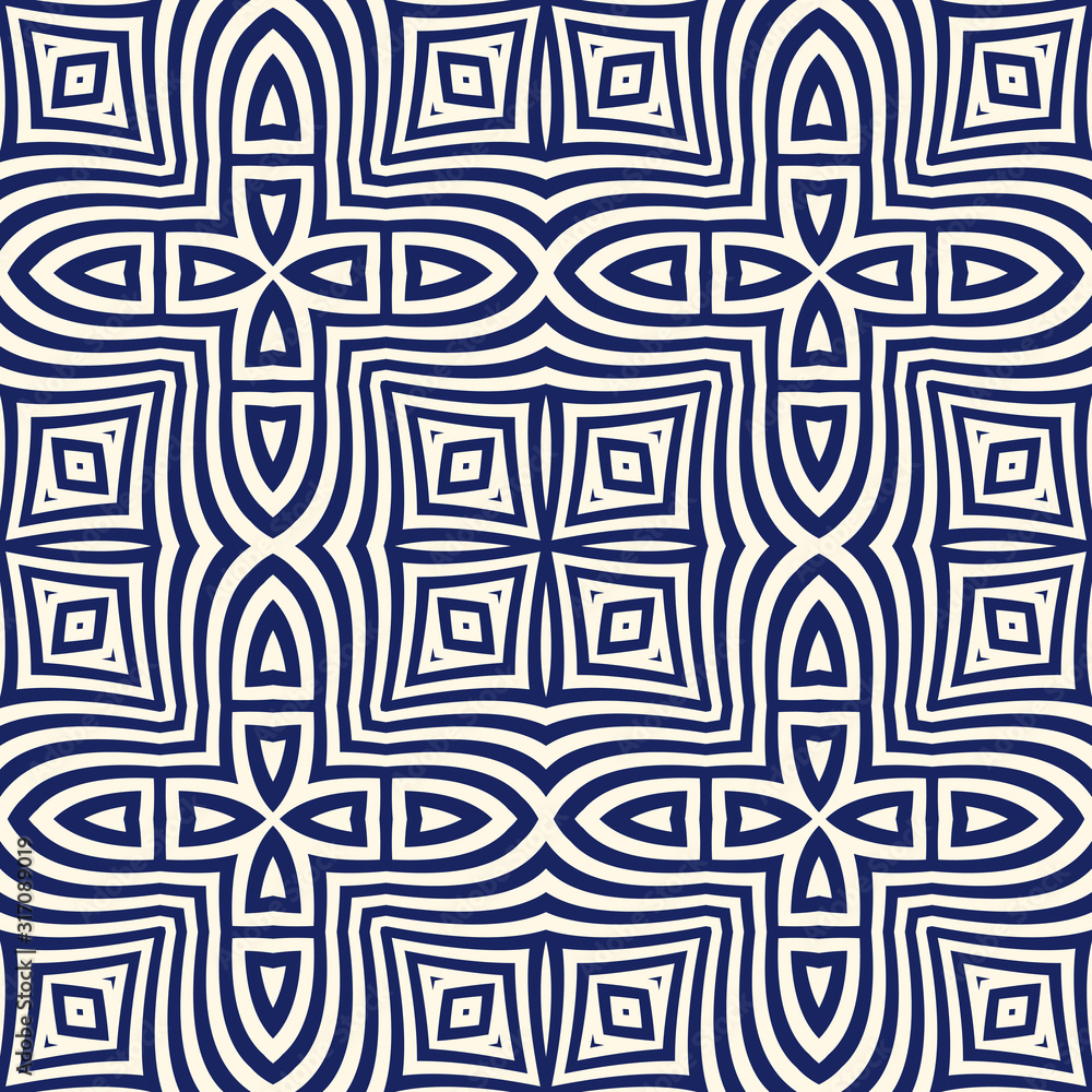 Seamless pattern with symmetric geometric ornament. Navy color abstract background.