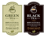 collection of green and black tea labels with cup