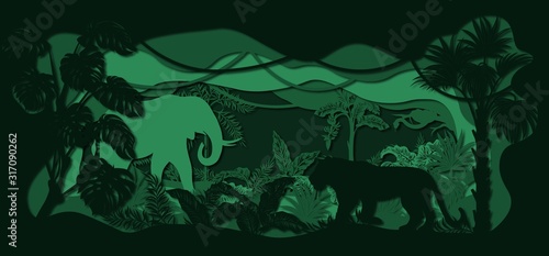 Laser cut paper  template for DIY scrapbooking. Tiger  elephant  Snake  serpent  panther. Animals  mammals  wildlife  tree  grass  palms. Night in Jungle from plotter paper.