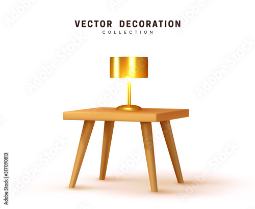 Wood desk. Golden table lamp illuminates wooden table. Realistic 3d interior object isolated with shadow. Vector illustration