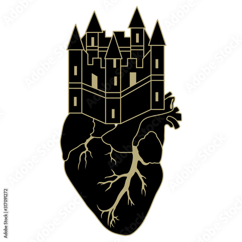 Isolated vector illustration. Medieval castle built on human heart. Fantastic surreal concept. Black and gold silhouette.