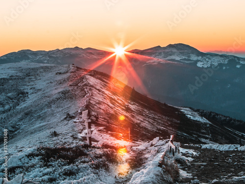 Fototapeta Naklejka Na Ścianę i Meble -  Winter sunrising at polish bieszczady mountains 