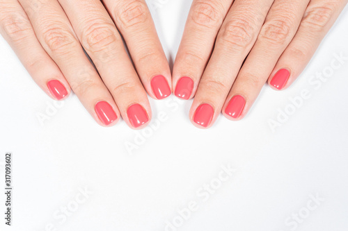 Closeup top view of two female hands with fresh bright gel polished manicure of fingernails isolated on white background. photo