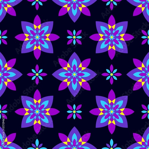 Seamless geometric flower pattern of blue  violet and yellow elements. Repeating abstract colourful background for wrapping  textile  fashion  wallpaper  wrapping  print  cover design.