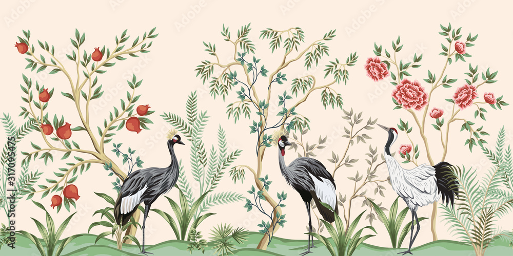 Vintage garden tree, pomegranate tree, plant, crane bird floral seamless  border pink background. Exotic chinoiserie wallpaper. Stock Vector | Adobe  Stock