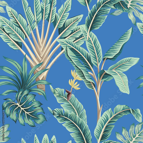 Tropical vintage green floral palm tree  palm leaves  banana tree seamless pattern blue background. Exotic jungle wallpaper.