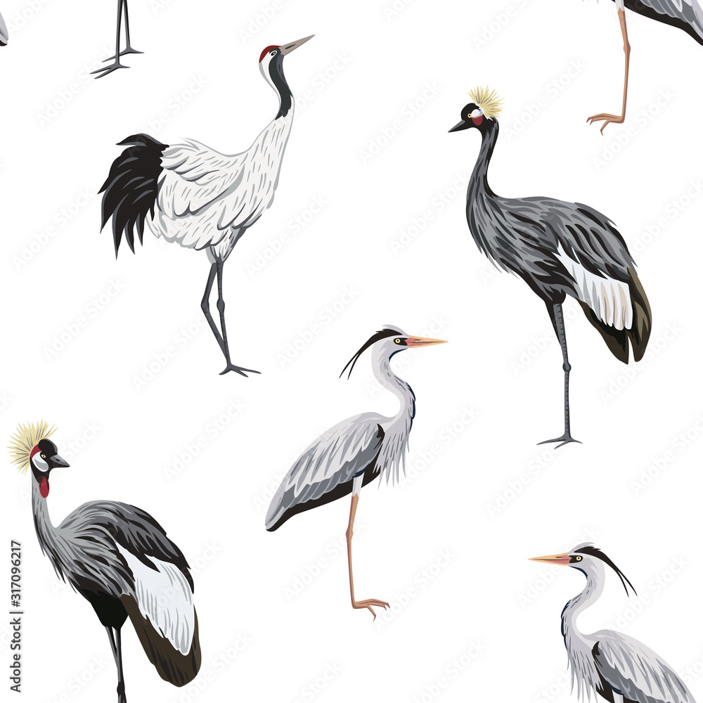 Fototapeta premium Tropical vintage botanical crane,heron bird seamless pattern white background. Exotic animal wallpaper.