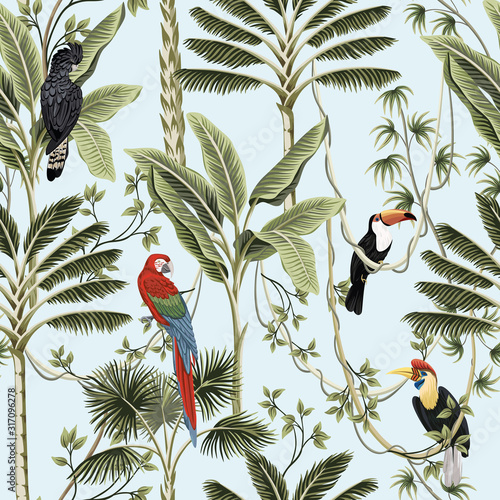 Fototapeta Tropical vintage palm trees, liana, macaw parrot, toucan bird floral seamless pattern blue background. Exotic jungle wallpaper.