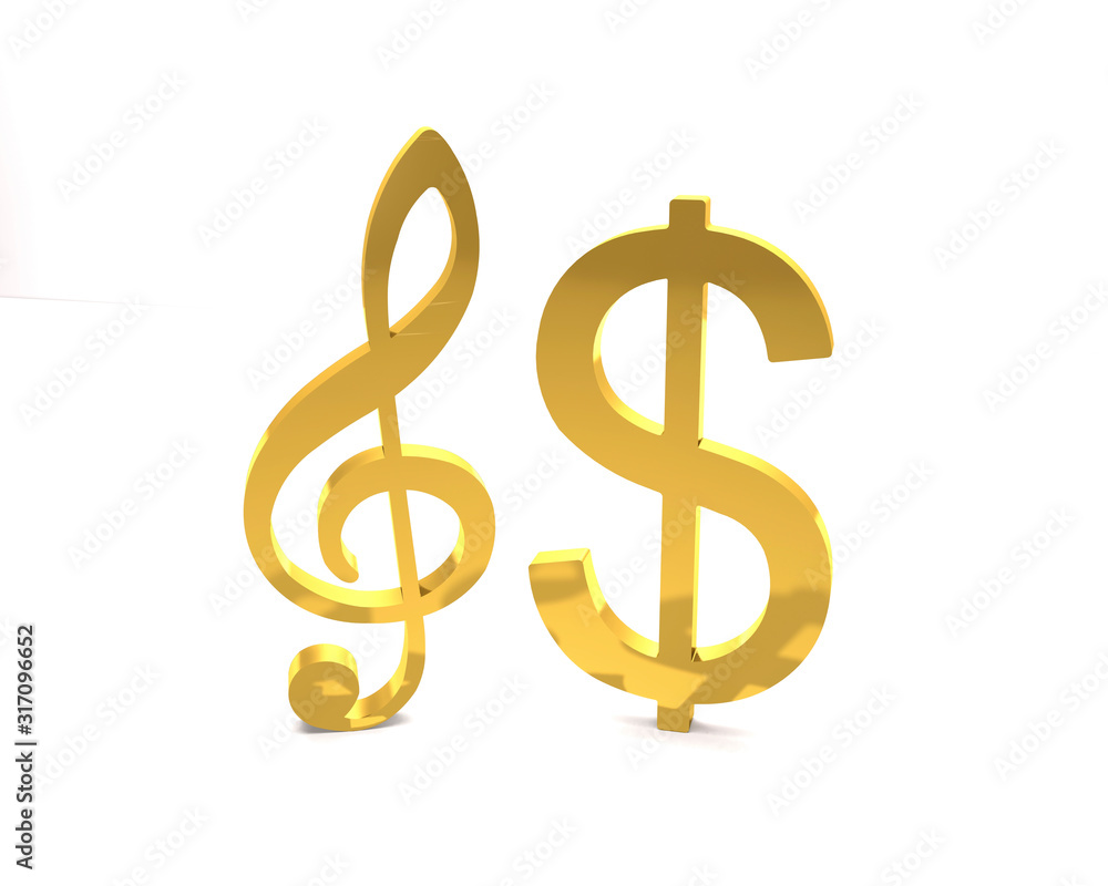 Golden dollar and treble clef symbols (3d illustration). Golden dollar and treble clef symbols (3d illustration).