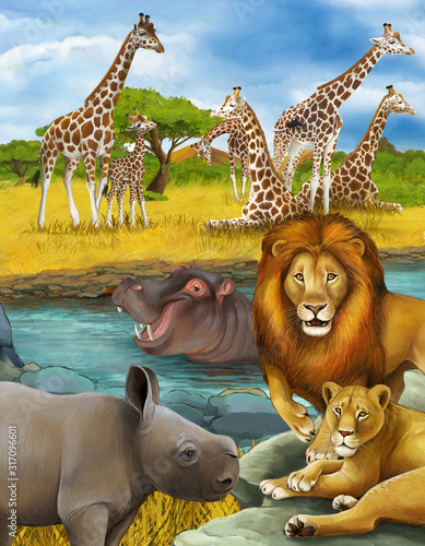 cartoon scene with rhinoceros rhino and hippopotamus hippo near river and lion